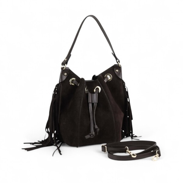 Verstos odos moteriška rankinė 'Luna' šokolado rudos spalvos su kutais, trumpa rankena ir raištelio tipo užsegimu