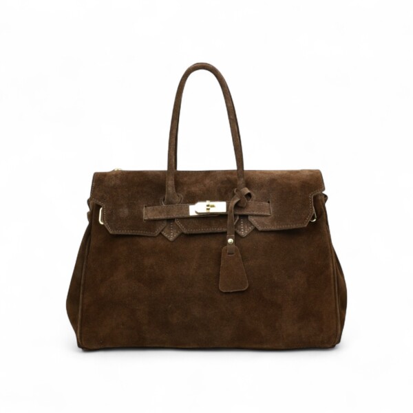 Moteriška natūralios verstos odos rankinė „Verona“, šokolado rudos spalvos, elegantiško dizaino su rankenomis ir ilgu reguliuojamu dirželiu.