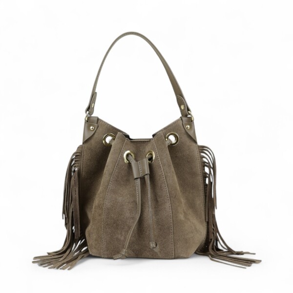 Moteriška zomšinė rankinė mokos spalvos su kutais, boho stiliaus