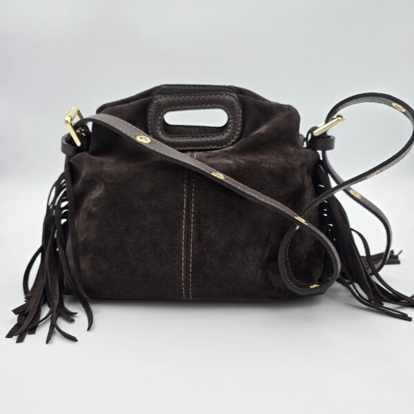 Mini rankinė–aksesuaras su kutais „Nerina“, iš verstos natūralios odos, espresso kavos atspalvio, su auksinėmis detalėmis