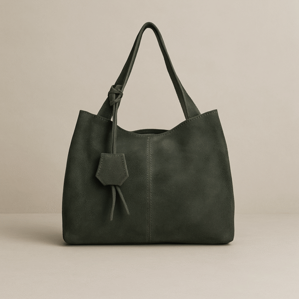 Tamsiai žalia verstos odos moteriška rankinė su ilgu dirželiu, matoma iš priekio ant neutralaus smėlio fono, išryškinant natūralią zomšos tekstūrą.