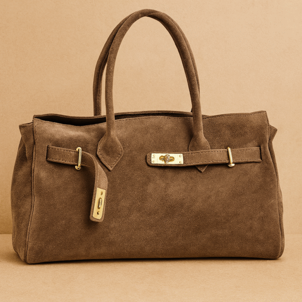 Tamsiai rusvos spalvos zomšinė rankinė su auksinėmis detalėmis