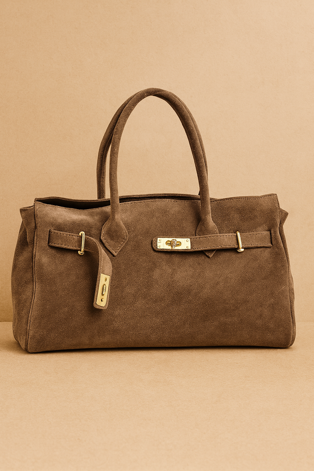 Tamsiai rusvos spalvos zomšinė rankinė su auksinėmis detalėmis