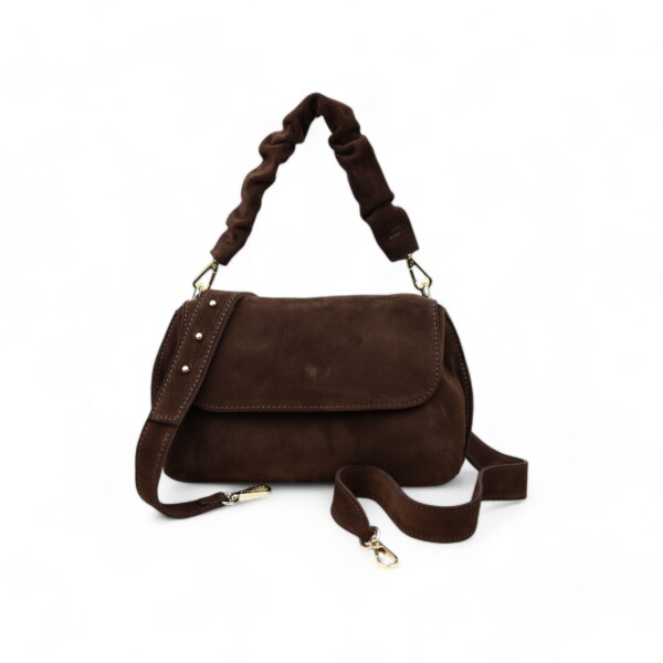 Tamsiai rudos spalvos verstos odos moteriška rankinė Terdeco, su klostuota rankena ir reguliuojamu ilgu dirželiu, itališko minimalistinio dizaino