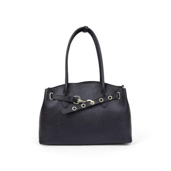 Juoda natūralios odos moteriška rankinė „Elvira“ – elegantiško klasikinio dizaino modelis su auksinės spalvos detale, paminkštintomis rankenėlėmis, apsauginiu dugnu ir ilgu reguliuojamu dirželiu