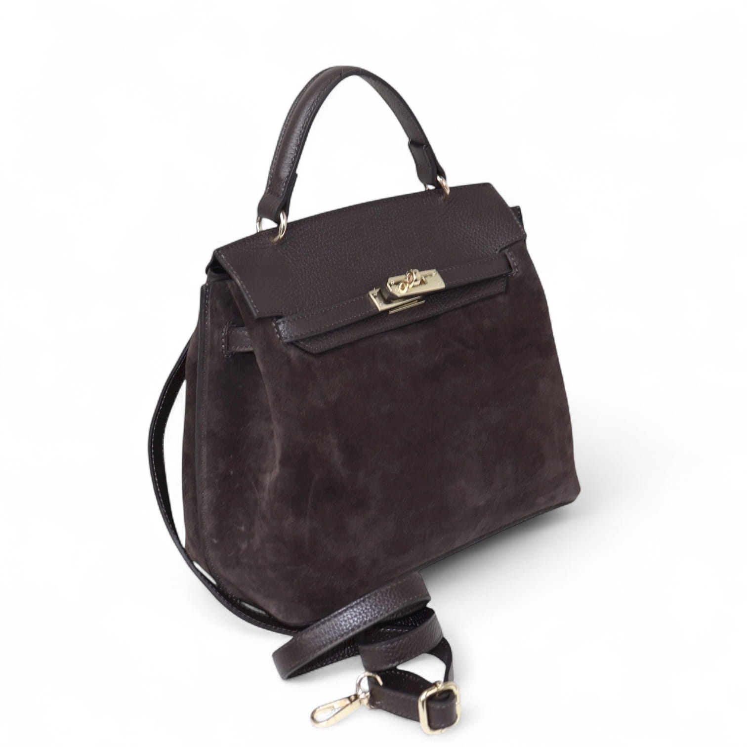 Tamsiai rudos, espresso atspalvio verstos ir lygios odos rankinė su auksinėmis detalėmis – elegantiška itališko dizaino rankinė iš natūralios odos.