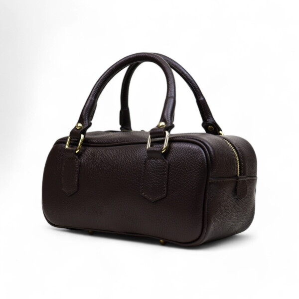 Chocolate brown smooth leather mini handbag with gold hardware and a detachable shoulder strap