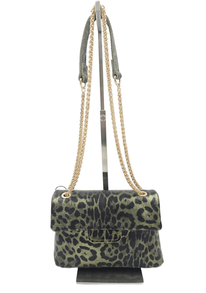 Natūralios odos mini delninė rankinė su leopardo raštu ir aukso spalvos grandinėle